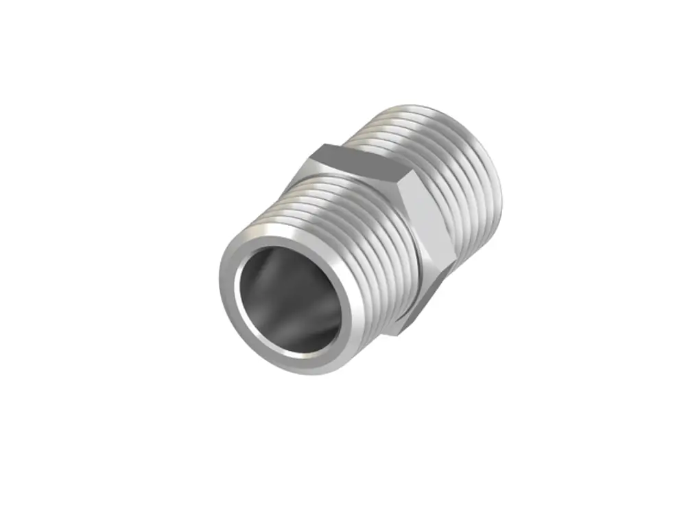 Kupplung von TECE mit zwei Außengewinden. Metalloberfläche, zylindrische Form mit gewindet, zur Verbindung von Rohrleitungen in hydraulischen Systemen geeignet.
